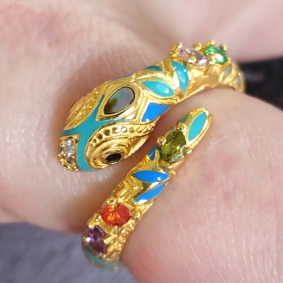 18KT GOLD/925 STERLING SILVER TURQUOISE DIAMOND EMERALD SNAKE ADJUSTABLE RING - Picture 8 of 16